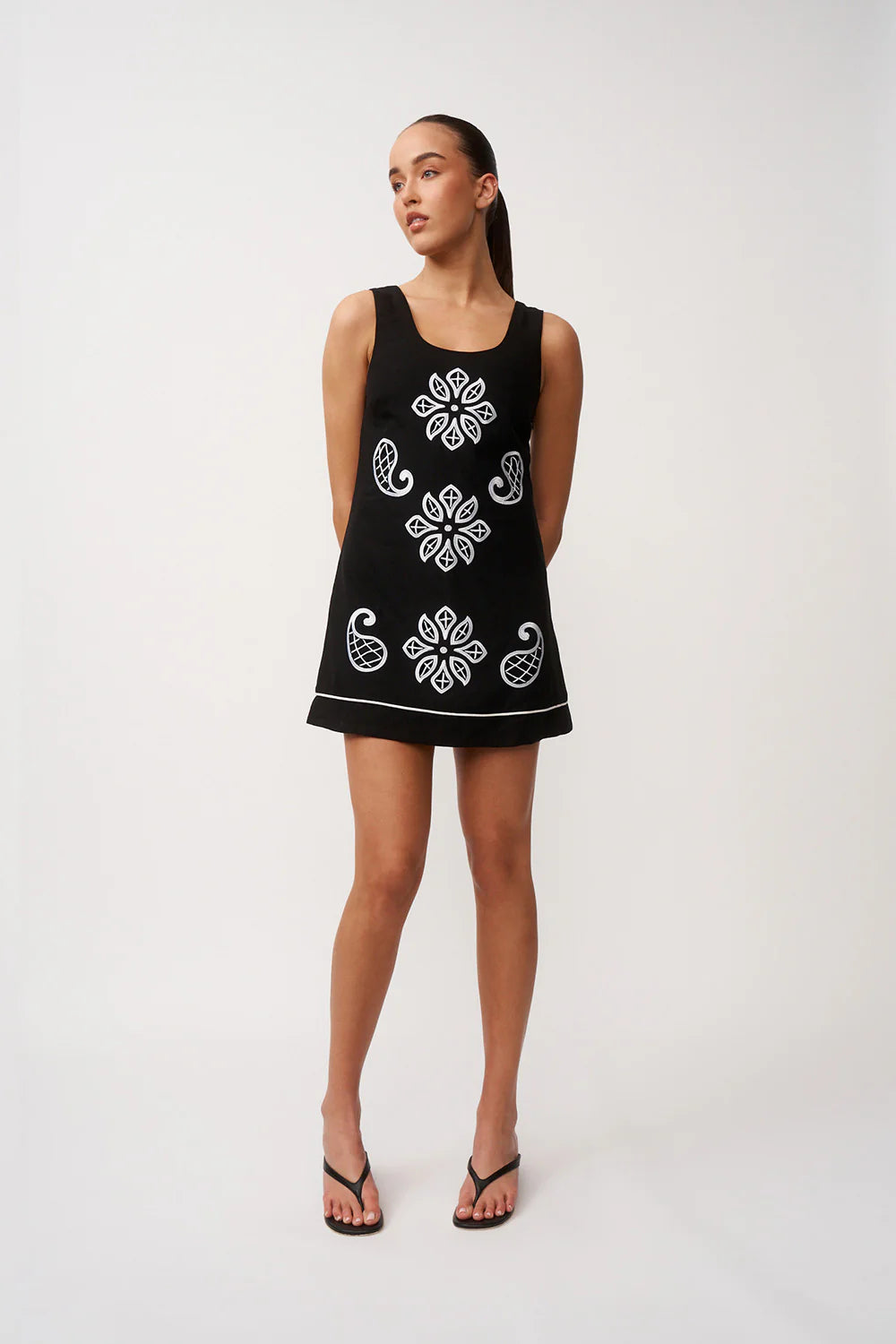 By Johnny - Alfresco Embroidery Mini Dress in Black/ Ivory