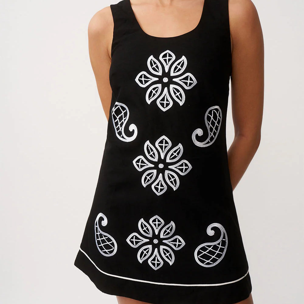 By Johnny - Alfresco Embroidery Mini Dress in Black/ Ivory