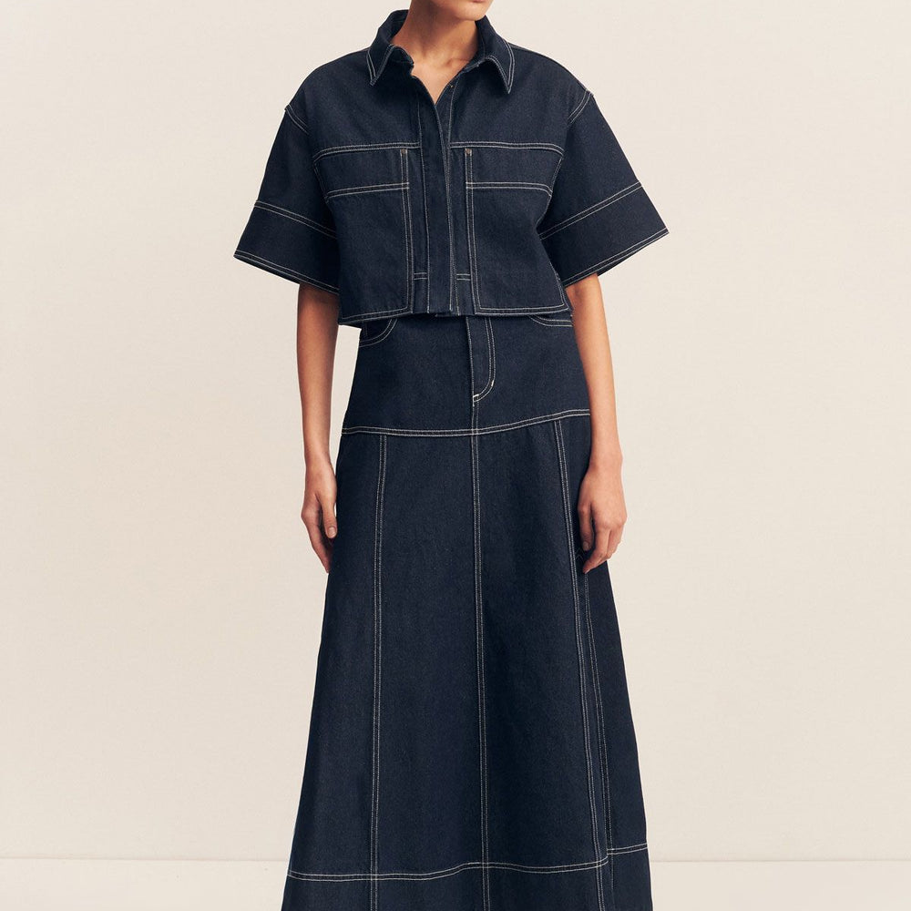 Shona Joy - Jaques Cropped Short Sleeve Shirt in Deep Indigo