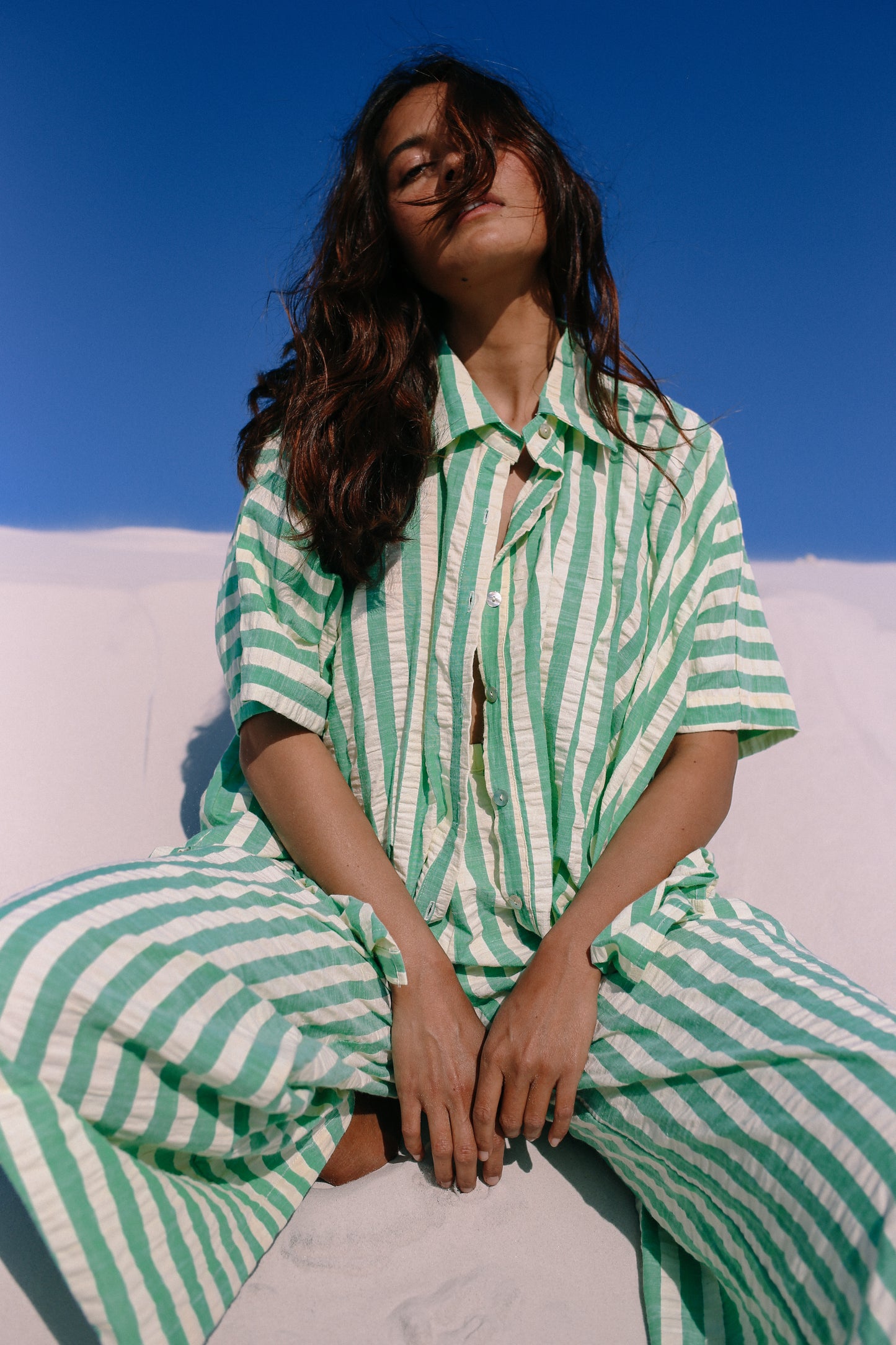 Bare Road - Ava Shirt in Seafoam Cotton Stripe