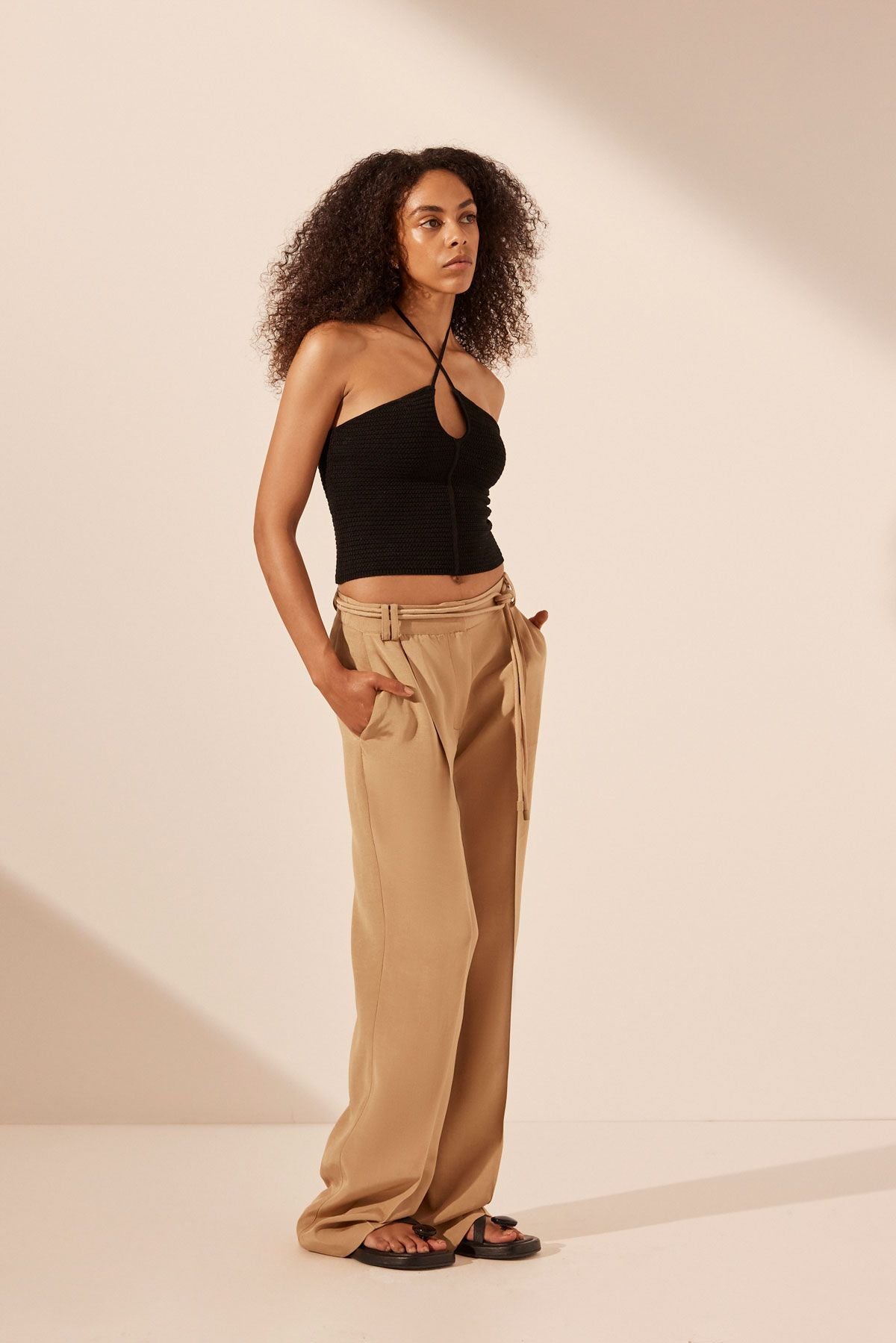 Shona Joy - Vento Mid Rise Pant with Belt in Sand