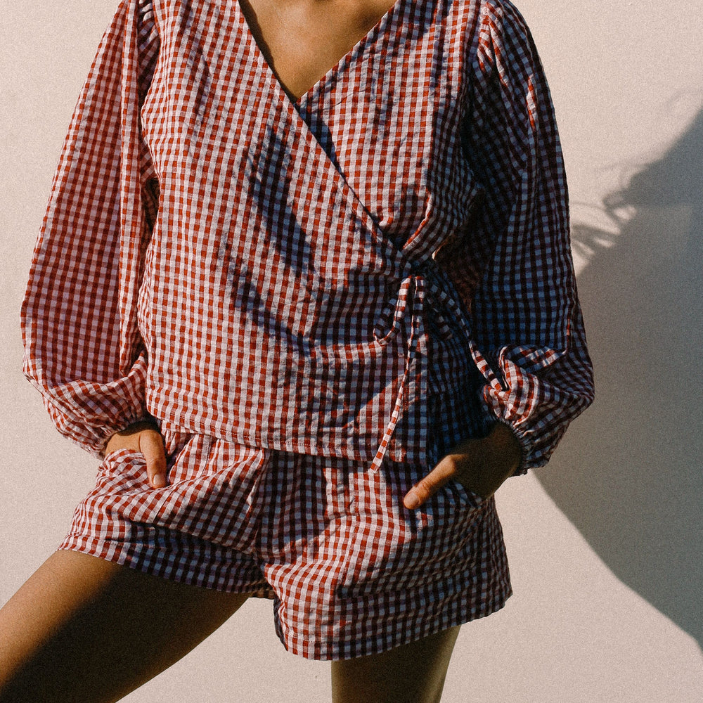 Bare Road - Ella Longsleeve Wrap Top in Red Gingham