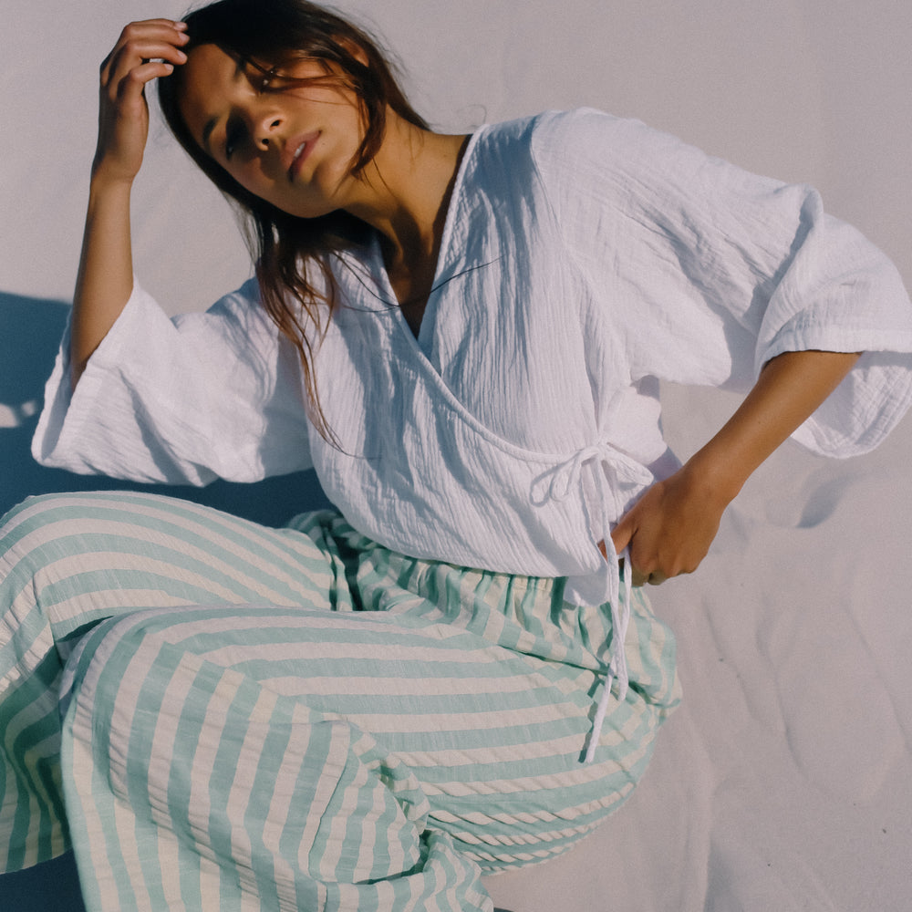 
                      
                        Bare Road - Ivy Pant in Seafoam Cotton Stripe
                      
                    