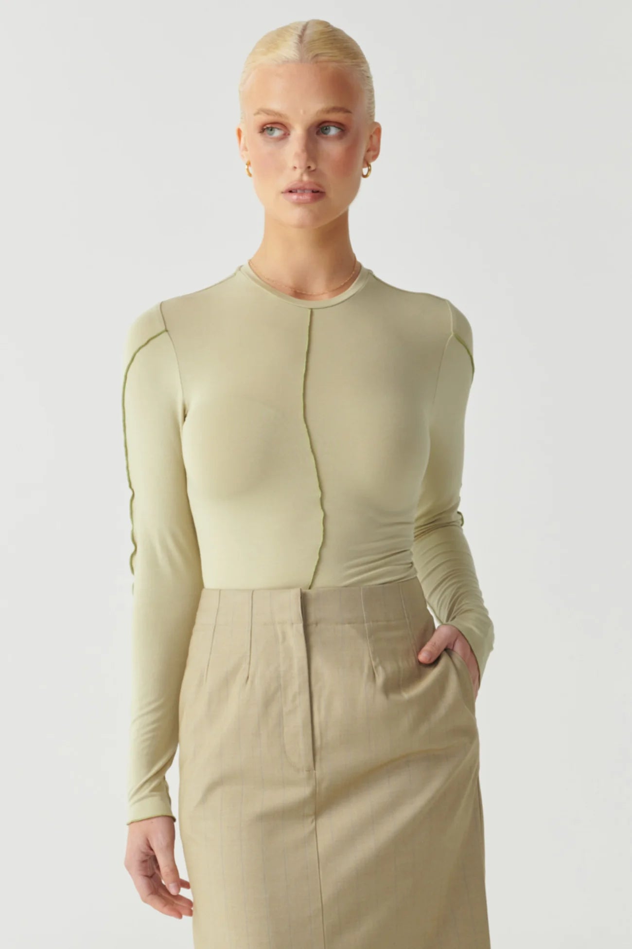 Raef The Label -Nia Panelled LS Top in Light Olive