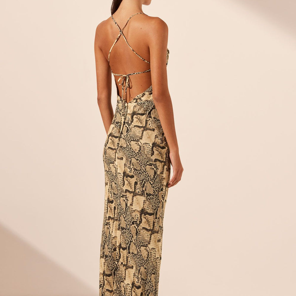 Shona Joy - Hadiya Lace Back Bias Maxi Dress in Almond/ Multi