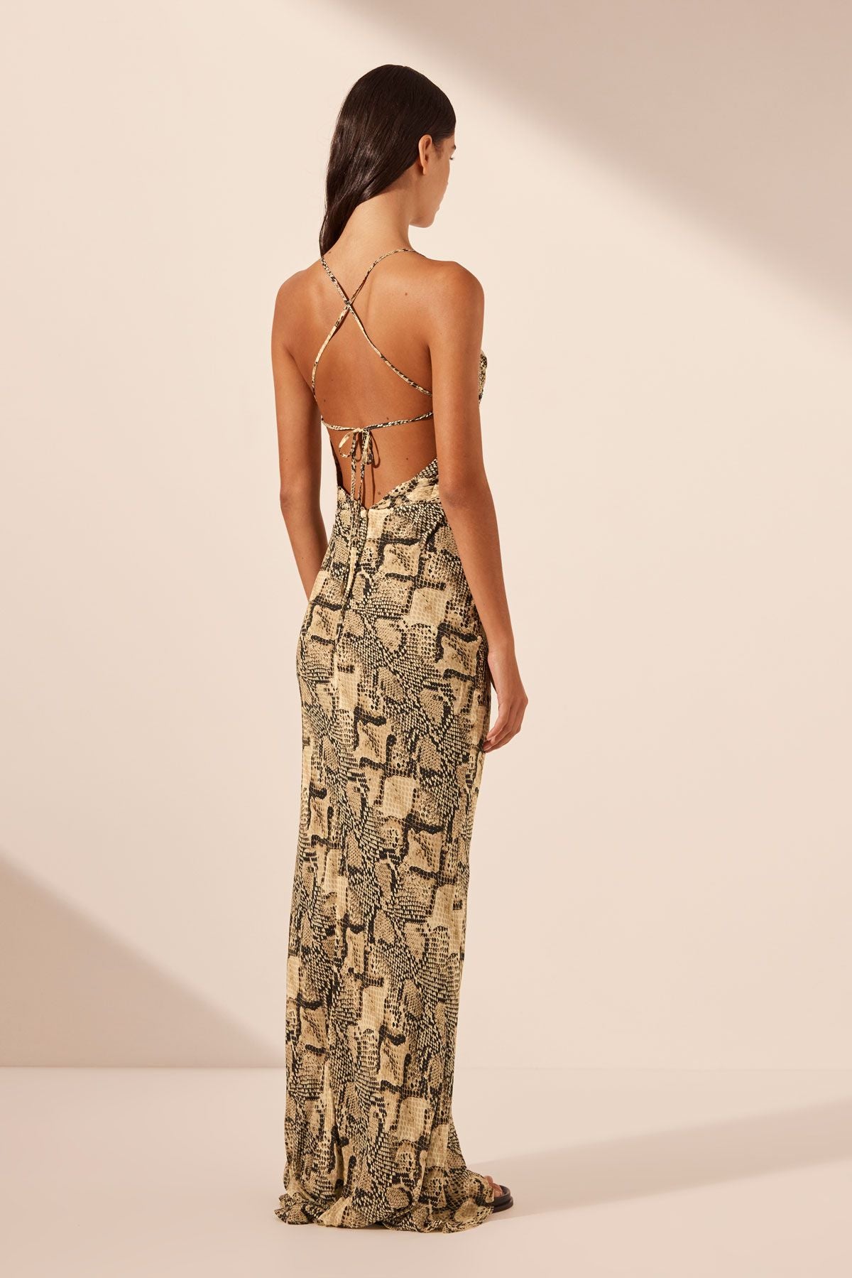 Shona Joy - Hadiya Lace Back Bias Maxi Dress in Almond/ Multi