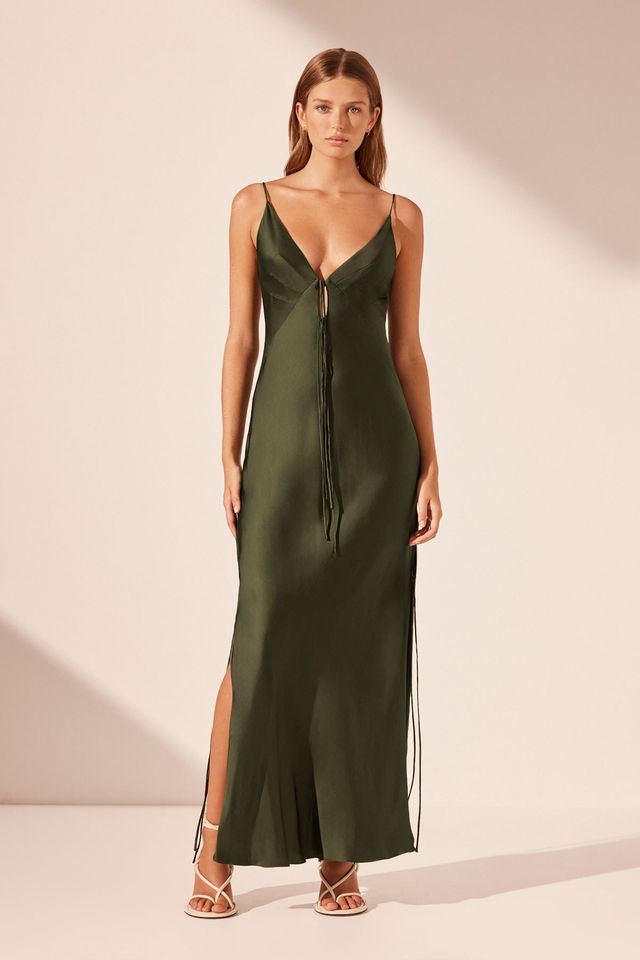 Shona Joy - Shae Plunged Slip Tie Maxi Dress in Pine Green