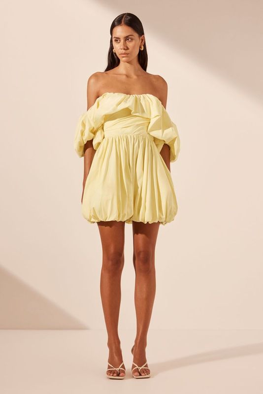 
                      
                        Shona Joy - Maiori Off Shoulder Draped Bubble Mini Dress in Lemon
                      
                    