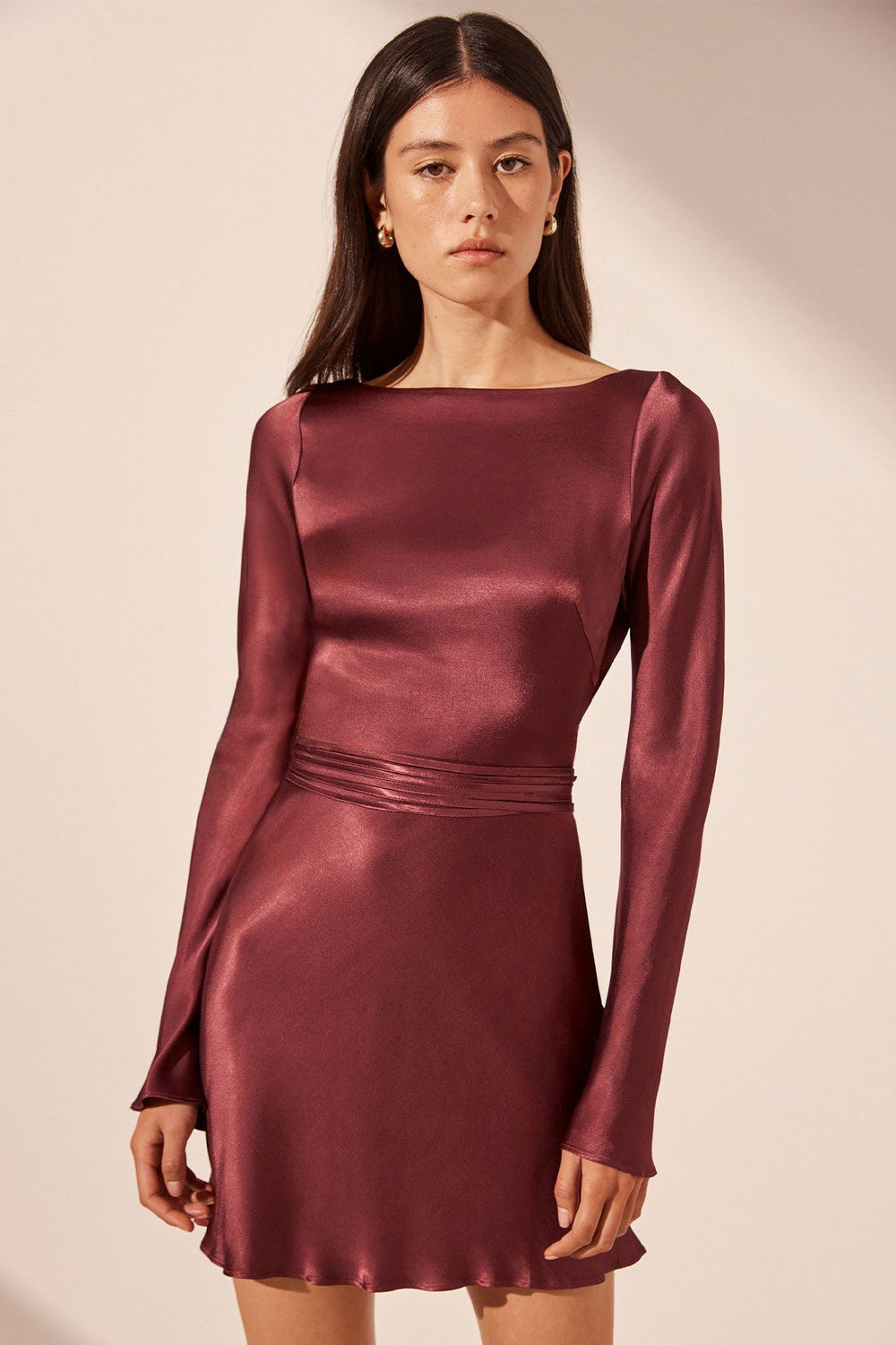 Shona Joy - Elia Long Sleeve Open Back Tie Mini Dress in Shiraz