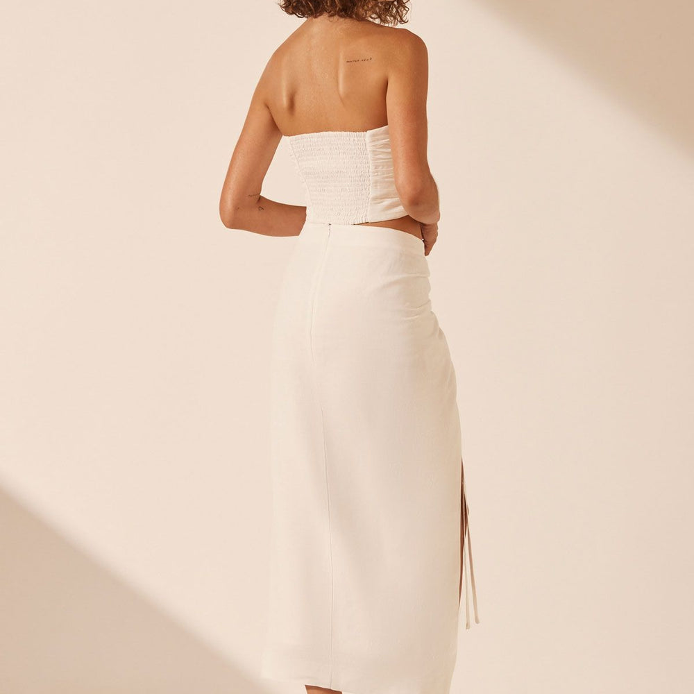 Shona Joy - Blanc Linen Strapless Cut Out Ruched Top in Ivory