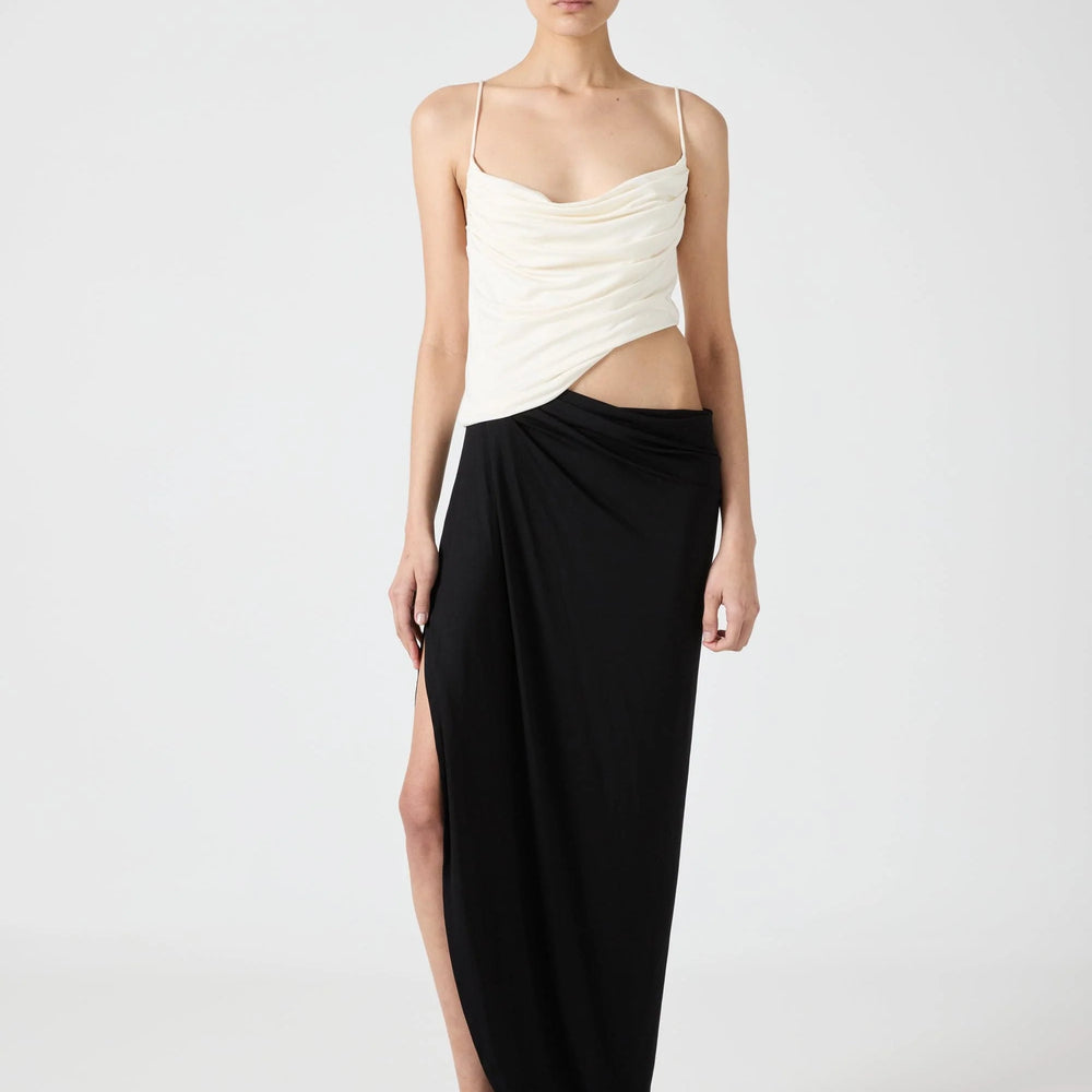 
                      
                        Third Form - Cascade Drape Jersey Dress in Cream/ Black
                      
                    