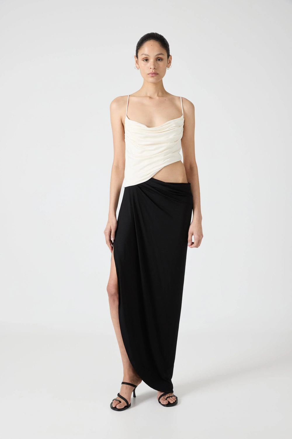 Third Form - Cascade Drape Jersey Dress in Cream/ Black