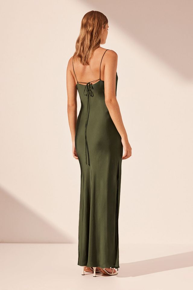 Shona Joy - Shae Plunged Slip Tie Maxi Dress in Pine Green