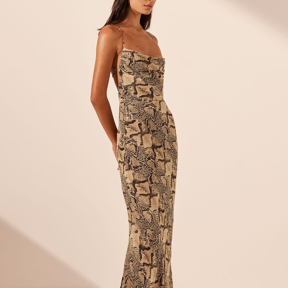 
                      
                        Shona Joy - Hadiya Lace Back Bias Maxi Dress in Almond/ Multi
                      
                    