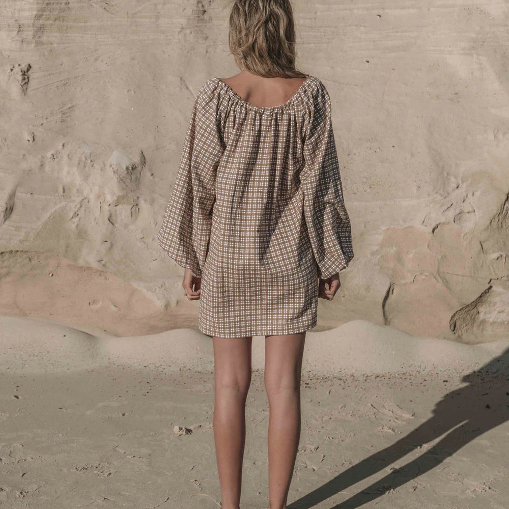 häll störe - The Freddi Mini Dress in Mocha Gingham