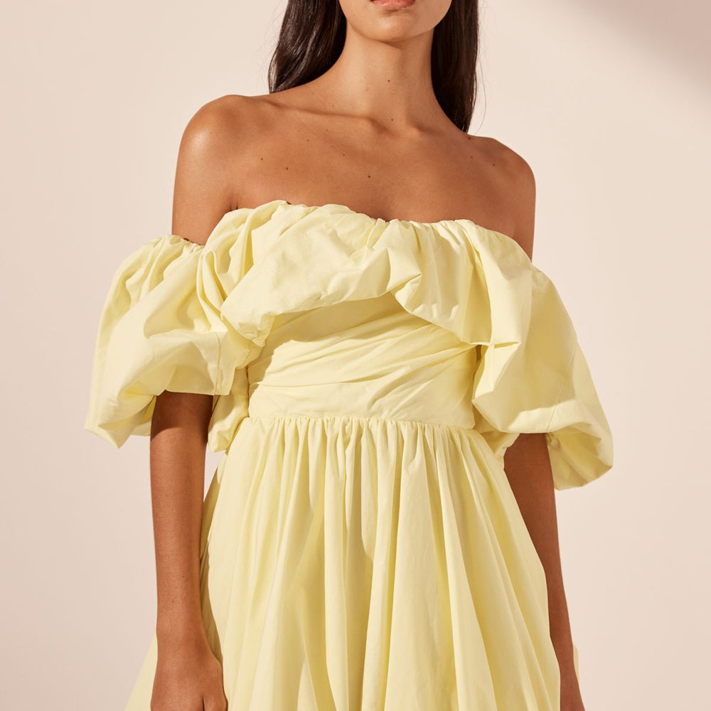 
                      
                        Shona Joy - Maiori Off Shoulder Draped Bubble Mini Dress in Lemon
                      
                    