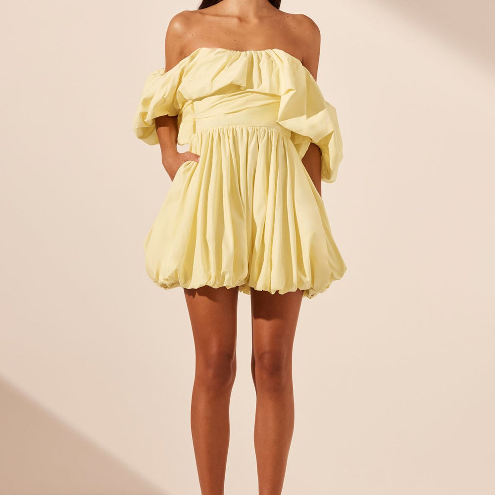 Shona Joy - Maiori Off Shoulder Draped Bubble Mini Dress in Lemon