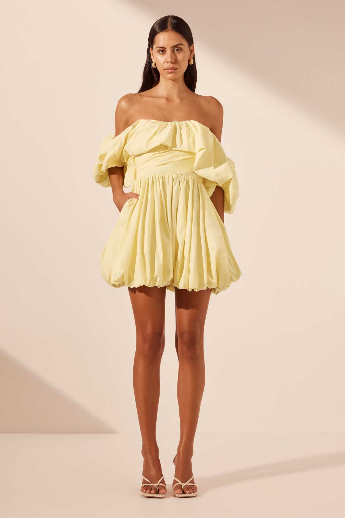 Shona Joy - Maiori Off Shoulder Draped Bubble Mini Dress in Lemon